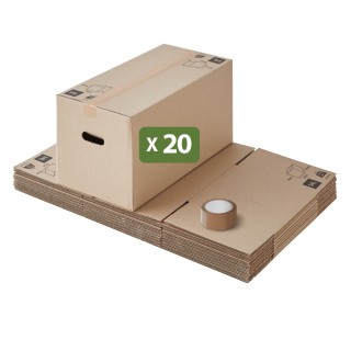 20 Cartons Déménagement Solides 54L et Adhésif 66m Offert