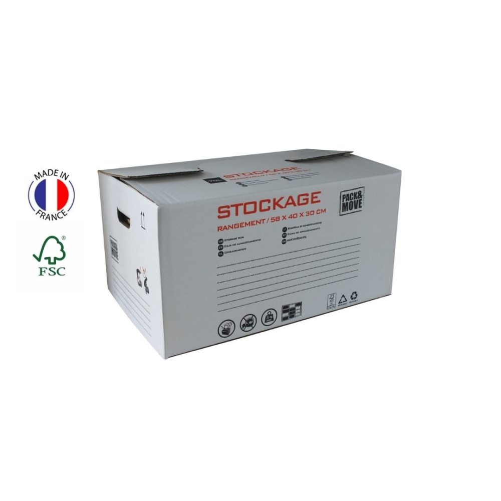 Carton de stockage robuste mesurant 58 x 40 x 30 cm, idéal pour emballer et organiser divers articles lors de déménagements ou de rangement.